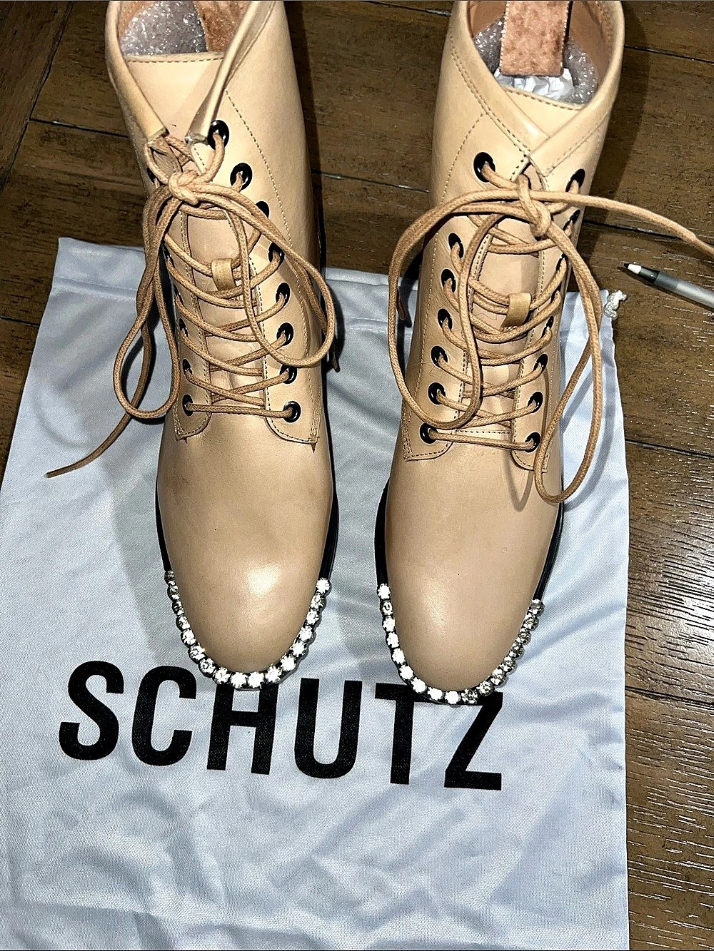 Schutz Turmalina Embellished Combat Boots in Tan US 7.5